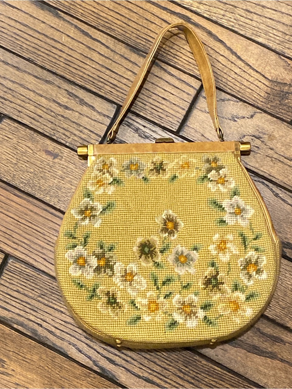 Vintage Yellow Floral 1960s Needlepoint Handbag